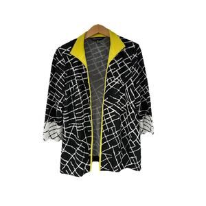 Ming Wang Chartreuse Black White Pattern Knit Jacket Career Cardigan Womens M